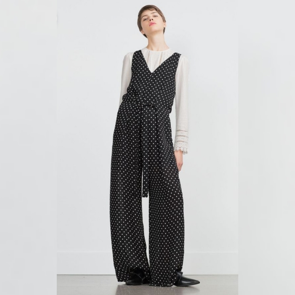 Zara Polka Dot Crepe Wide Leg Long Jumpsuit Black & White Sz: Medium
